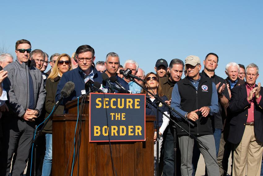 U.S. House Speaker Mike Johnson (R-LA) takes questions following a press conference criticizing the Biden administration's immigration policies during a visit to a border town where migrants are arriving from Mexico to seek asylum, in Eagle Pass, Texas, U.S. January 3, 2024.