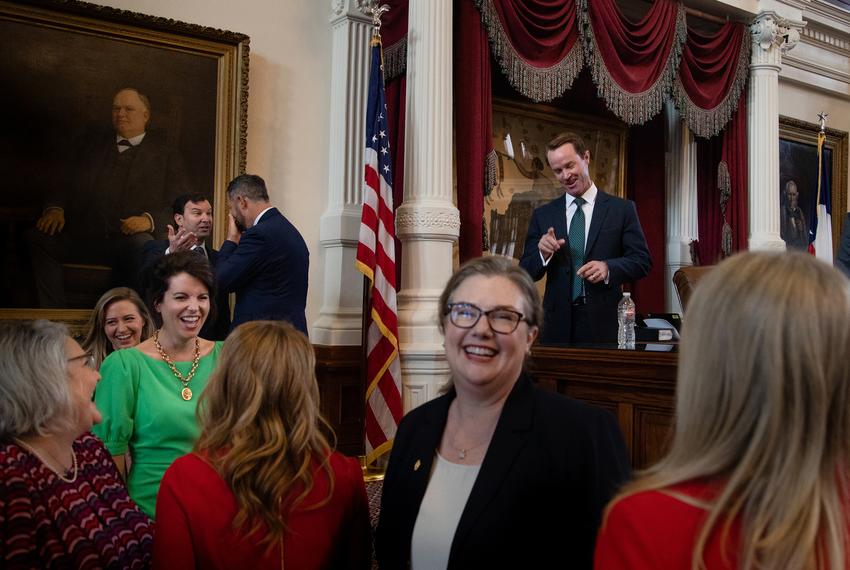 The Republican women state Representatives gather for a photo at the front of the House floor during session at the state Capitol in Austin on Jan. 11, 2023.