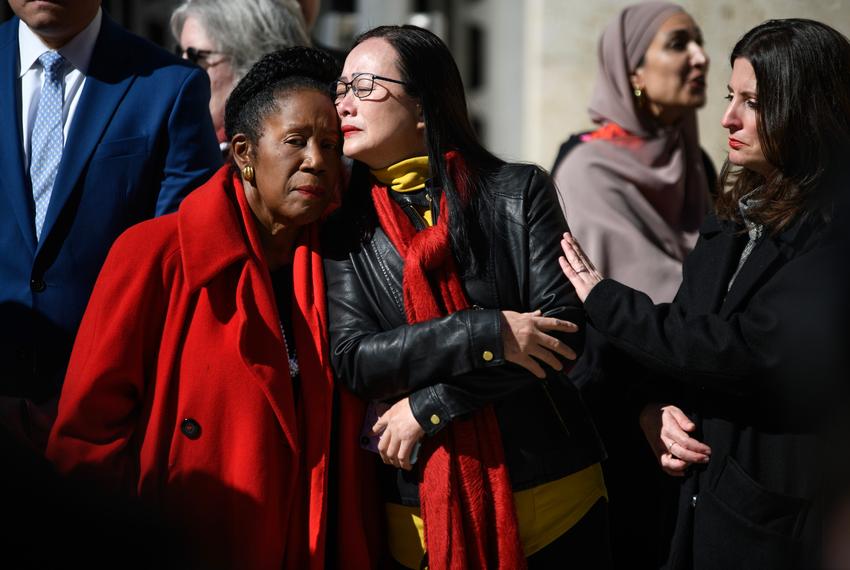 Representative Sheila Jackson Lee Asian Americans Leadership Council founding chair Ling Luo during a press conference in opposition to Senate Bill 147 outside of City Hall on January 23, 2023, in downtown Houston, Texas.