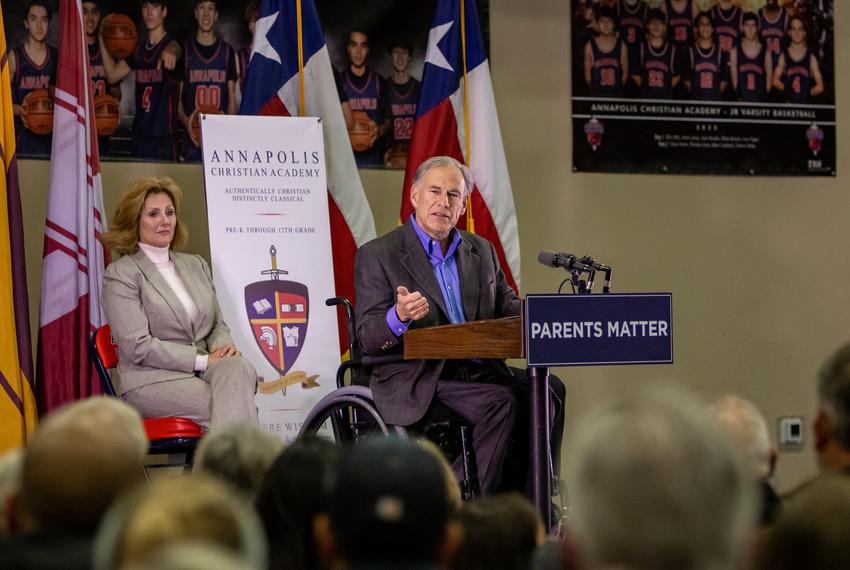 Gov. Greg Abbott speaks at a “Parent Empowerment Night” hosted by the Parent Empowerment Coalition at Annapolis Christian Academy in Corpus Christi on Jan. 31, 2023.