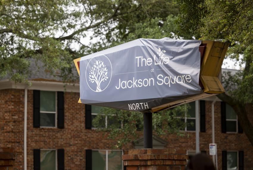 A plastic sign wraps the previous name of the Life at Jackson Square apartments on Tuesday, April 4, 2023, in Houston, TX.                                          