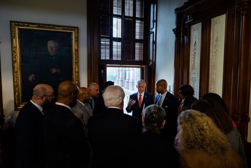 Democrats gathered to speak with state Rep. Gary Van Deaver, R-New Boston, to try to convince him to remove a particular amendment from an anti-DEI bill on the House floor of the state Capitol in Austin on April 6, 2023. Ultimately no compromise was reached, and the amendment was likely to remain in the bill.