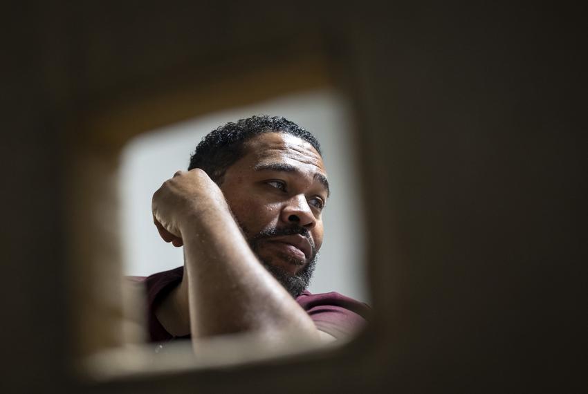 Tenants Anthony McDonald discusses his eviction at the Life at Jackson Square apartments on Tuesday, April 11, 2023, in Houston, TX. McDonald and Munroe were seemingly accidentally evicted after agreeing with the complex to pay at the end of the month.