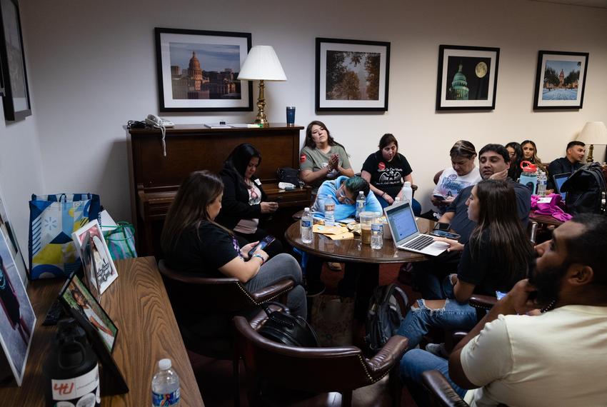 Friends and families of the victims of the Uvalde shooting wait in a members lounge as they wait for the Community Safety Committee to reconvene, at the state Capitol in Austin on April 18, 2023. The committee will hear numerous bills relating to gun reform, most notably HB2744 which seeks to raise the age required to purchase semiautomatic rifles from 18 to 21.