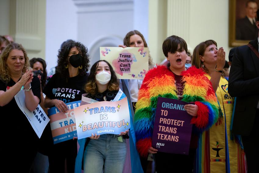 Demonstrators protest SB14, a bill to eradicate gender transition healthcare for trans kids in Texas, while the bill is heard in the House at the state capitol on May 2, 2023. 
The bill is the furthest any LGBT legislation has gone this session.