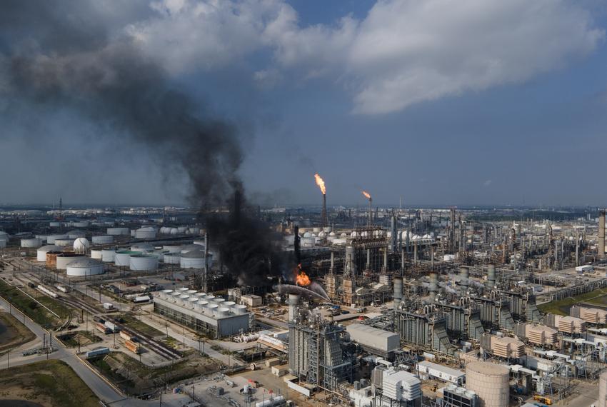 An overhead view of an explosion at a Shell USA Inc. facility on May 5, 2023 in Deer Park.