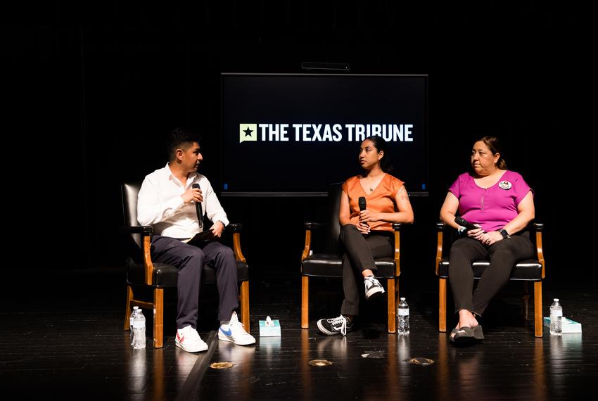 Texas Tribune reporter Uriel J. García speaks with Kimberly Mata-Rubio and Veronica Mata at a community event titled "Uvalde: Resilience, Recovery and Healing" at the Southwest Texas Junior College on May 20th, 2023 in Uvalde.