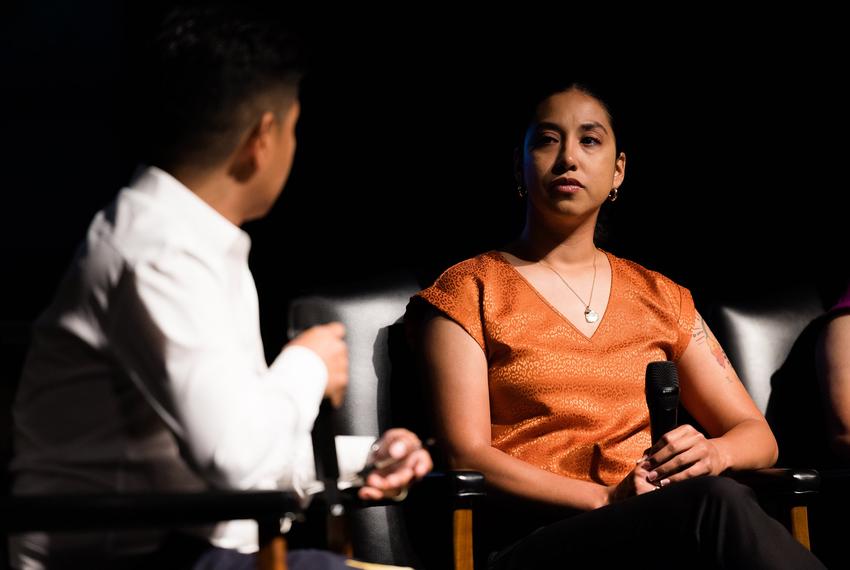 Kimberly Mata-Rubio, mother of Alexandria Rubio, one of the children killed in the 2022 Uvalede mass shooting, speaks with Tribune reporter Uriel Garcia a Texas Tribune event held at Southwest Texas Junior College on May 20th, 2023 in Uvalde. Mata-Rubio is running for mayor of Uvalde.