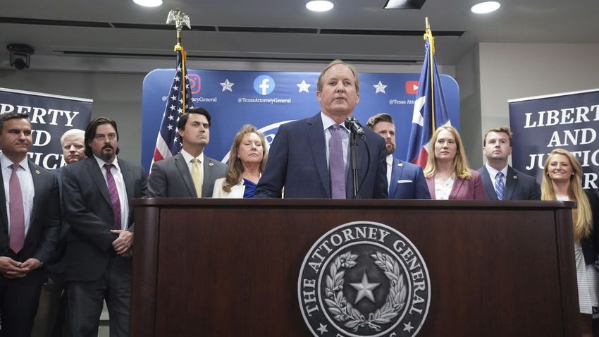 Texas Attorney General Ken Paxton makes a statement to the press May 26, 2023 a day before a scheduled impeachment vote in the Texas House in a long-running ethics complaint.
