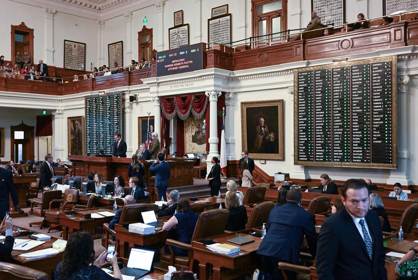 Wide view of the Texas House chamber during debate on the articles of impeachment against AG Ken Paxton on May 27, 2023.