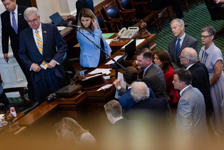 State Senators discuss a Point of Order on an amendment to the SJR 1 property tax bill to include a bonus for Texas teachers, with Lt. Gov. Dan Patrick on the Senate floor during the first day of the second special session at the state Capitol in Austin on June 28, 2023.