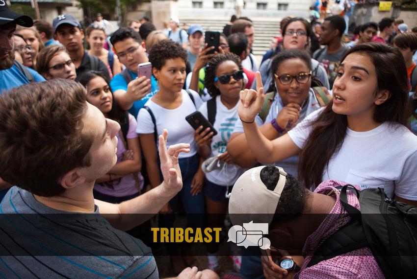 UT Austin students respond to the Young Conservatives of Texas critiquing affirmative action policies on Oct. 26, 
2016. The Young Conservatives were met with criticism, which resulted in a protest and several intense conversations among students.