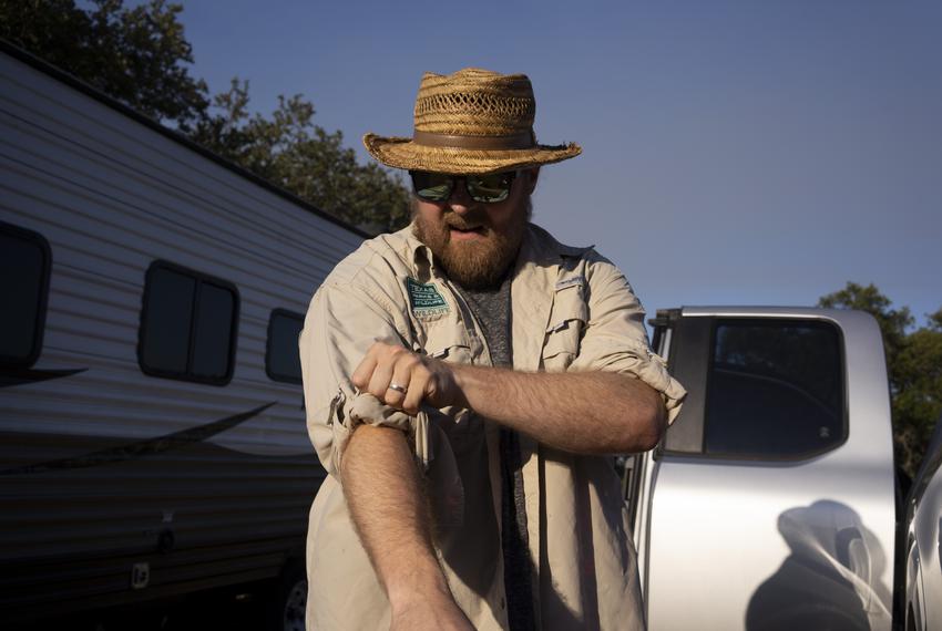 Nate Fuller, bat specialist with Texas Parks and Wildlife, prepares to survey the bat population in Gorman Cave at Colorado Bend State Park on July 13, 2023. “I’ve been coming here since I first came to Texas back in 2008,” Fuller said.