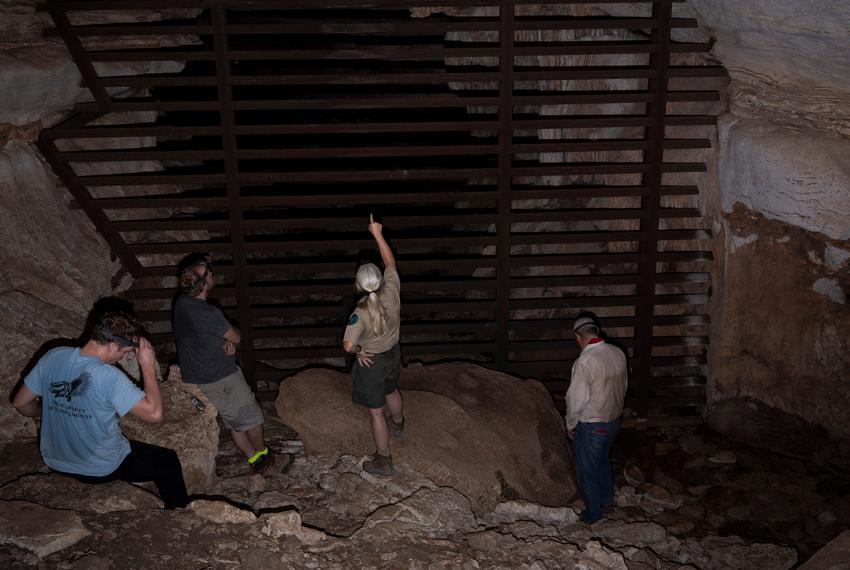 Debbie Hicks, Texas State Park Ranger, second from right, points toward the gate that blocks humans from the depths of Gorman Cave during a visit to survey the bat population at Colorado Bend State Park in Bend with Alex Buckle, seasonal bat technician with Texas Parks and Wildlife, left, Nate Fuller, bat specialist with Texas Parks and Wildlife, second from left, and Hicks’ husband, Bobby, on July 13, 2023.