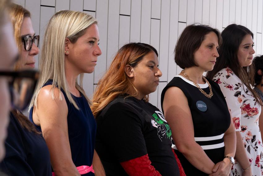Amanda Zurawski, Samantha Casiano, Molly Duane, senior staff attorney for the Center for Reproductive Rights, and Ashley Brandt, address the press following the first day of testimony for Zurawski v. State of Texas outside the Travis County Civil and Family Courts Facility in Austin on July 19, 2023.