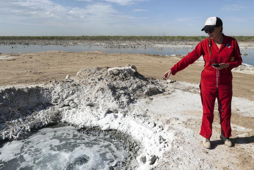 Oil and gas lawyer Sarah Stogner visits Lake Boehmer in Pecos County where abandoned wells have brought produced water to the surface for decades. The Railroad Commission considers these water wells and therefore not under their jurisdiction.