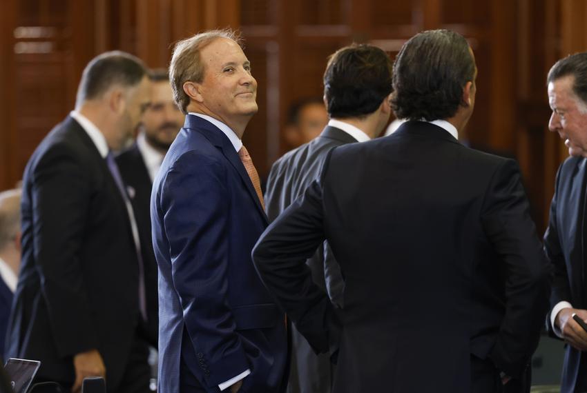 Texas Attorney General Ken Paxton looks up at the gallery during the first day of his impeachment trial in the Texas Senate chambers at the Texas State Capitol in Austin on Tuesday, Sept. 5, 2023.