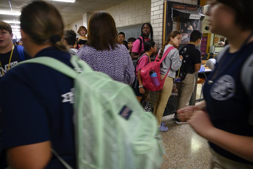 Nimitz Middle School students line up to enter their next class Wednesday, Sept. 13, 2023 in Odessa.