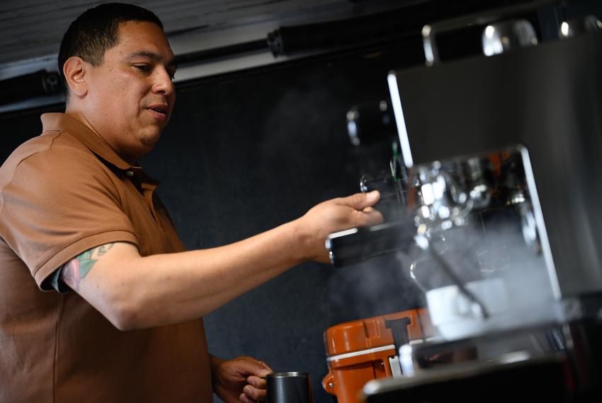 Homebrew Coffee Co. owner Fabian Maldonado prepares to steam milk for a latte Thursday, Sept. 14, 2023 in Odessa.