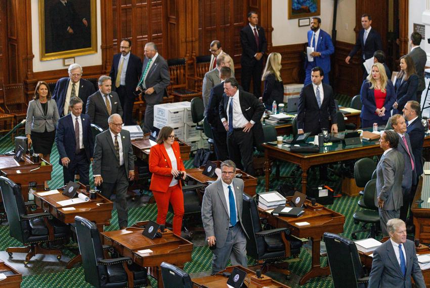 Senators are led onto the Senate Floor at the beginning of the ninth day of suspended Attorney General Ken Paxton’s impeachment trial at the state capitol in Austin, Texas, on Sept. 15, 2023.