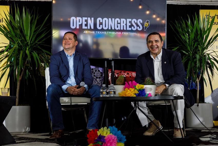 Sewell Chan (not shown), editor-in-chief for The Texas Tribune, speaks with U.S.representatives Tony Gonzales (left), R-San Antonio, and Henry Cuellar, D-Laredo, at The Texas Tribune Festival in Austin on Sept. 23, 2023.