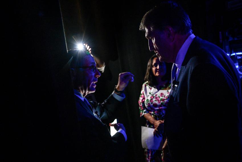 Evan Smith meets backstage with U.S. Senator Joe Manchin, D-West Virginia, before the start of the closing keynote at The Texas Tribune Festival in Austin, TX on Sept. 23, 2023.