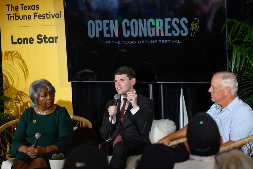 Brian Lopez, public education reporter at The Texas Tribune, moderates a panel on school choice with Barbara Gervin-Hawkins, James Talarico and James Frank at The Texas Tribune Festival in Austin on Sept. 23, 2023.