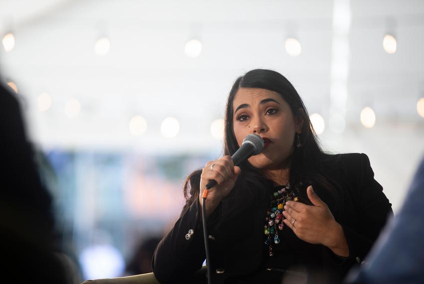 US Rep. Mayra Flores, R-Los Indios, speaks with Jack Herrera, senior editor at Texas Monthly, at The Texas Tribune Festival in Austin on Sept. 24, 2022.
