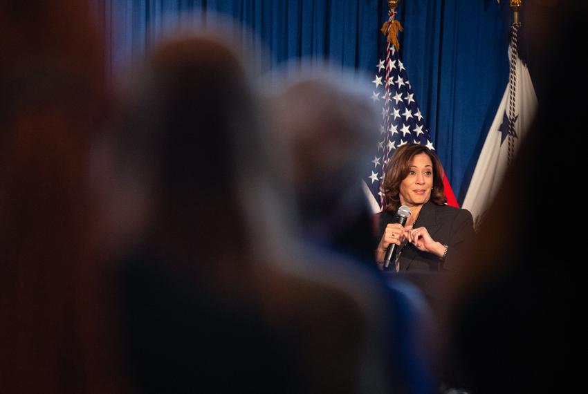Vice President Kamala Harris speaks about abortion rights with Mini Timmaraju, President of NARAL Pro-Choice America, and Julieta Garibay, Senior Capacity Building Director for Groundswell Fund, at the LBJ Museum in Austin on Oct. 8, 2022.