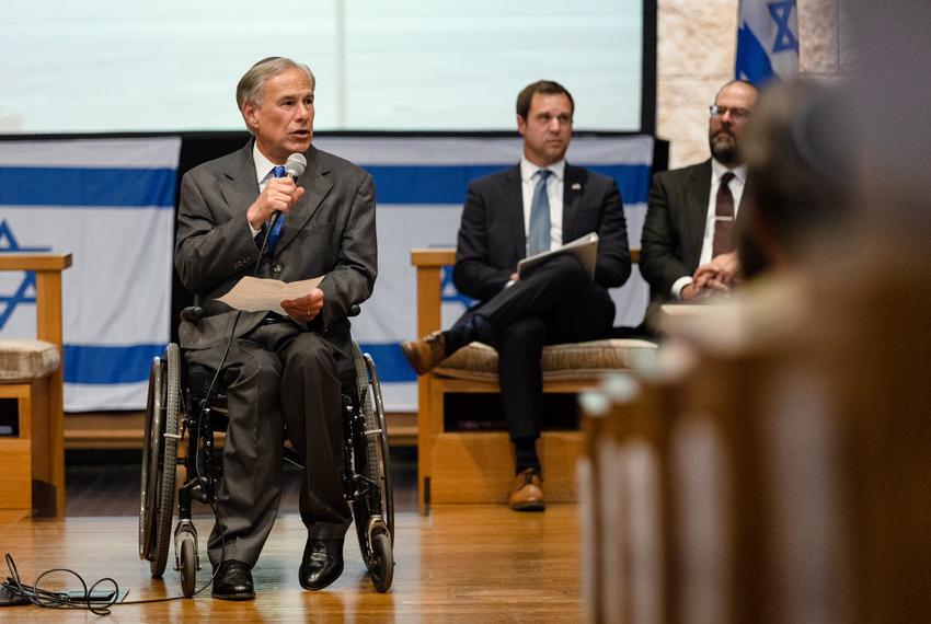 Governor Greg Abbott condemns the recent attacks on Israel during a community gathering in support of Israel at the Congregation Agudas Achim Oct. 9, 2023, in Austin. Abbott also announced efforts for Texas to support Israel, which included funding for increased security at Jewish and Israel-related locations such as synagogues and schools and an Executive Order directing all Texas state agencies to refrain from purchasing goods produced in or exported from the Gaza Strip.