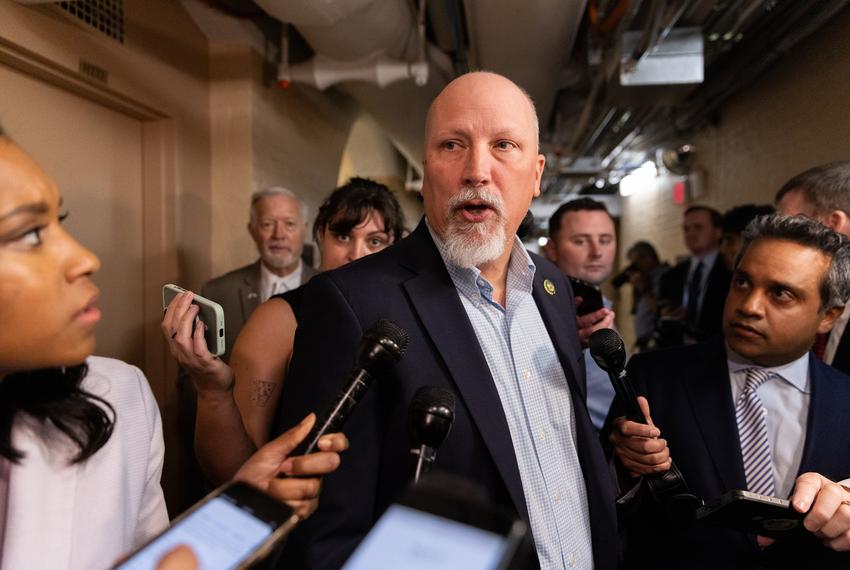 U.S. Rep. Chip Roy, R-Texas, speaks to reporters as he arrives for a House Republican caucus meeting in the U.S. Capitol on Oct. 12, 2023, in Washington, D.C.