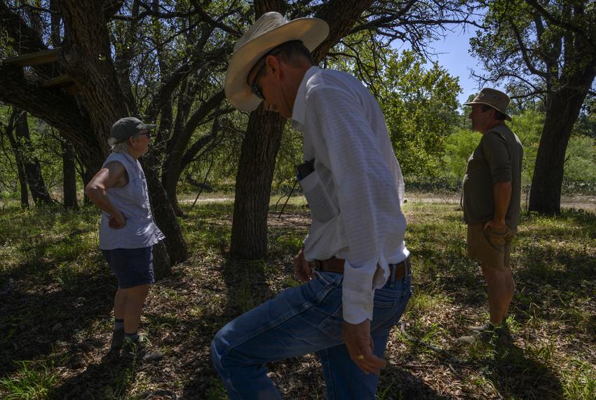From left, Linda Fawcett, Art Mudge and Glen Coleman walk a portion of Fawcett’s property that was used as a hunting ground during her childhood Wednesday, Sept. 20, 2023, in Junction.