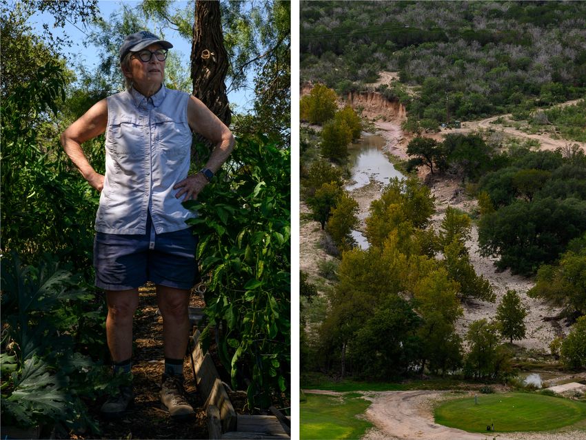 Left: Linda Fawcett in her garden on Wednesday, Sept. 20, 2023, in Junction. Fawcett is the president of the Llano River Watershed Alliance and has expressed serious concerns about the proposed construction of a private dam along the South Llano River by former CEO of Phillips 66, Greg Garland. Right: A golf course is seen bordering Cedar Creek, a tributary of the South Llano River, Tuesday, Oct. 3, 2023, in Junction.