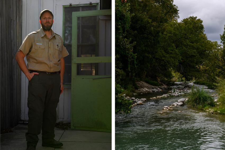 Left: Superintendent of the South Llano River State Park Cody Edwards at the park’s headquarters on Wednesday, Sept. 20, 2023, in Junction. While Edwards can’t take a stance on the proposed construction of a private dam on the South Llano River, he said preserving the river’s flow is important for protecting the bass and the entire river ecosystem. “The Texas Identity is unique and I think that our natural heritage is an integral part of that, so protecting [the Llano River] is protecting who we are,” Edwards says. Right: The South Llano River seen at Boone’s Crossing Tuesday, Oct. 3, 2023, in Kimble County.