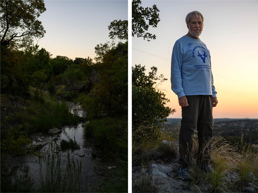Left: A natural spring is seen on the Blue Mountain Peak Ranch Wednesday, Sept. 20, 2023, in Mason County. Right: Rancher and conservationist Richard Taylor on his ranch on Wednesday, Sept. 20, 2023, in Mason County. Taylor is the owner of the 832-acre Blue Mountain Peak Ranch, an eco-ranch dedicated to increasing water recharge into the area’s aquifer and local species diversity. He fears the proposed construction of a private dam along the South Llano River will slow the river’s flow and impact the Llano watershed.