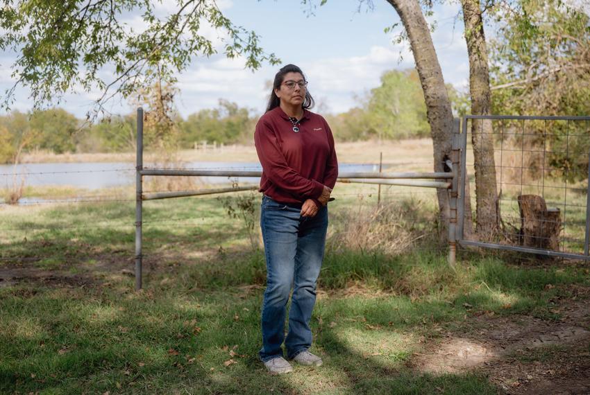 Theda Pogue, 45, affiliated with the Muscogee Creek Nation of Oklahoma, poses for a portrait on Saturday, November 4, 2023 at GP Ranch in Sulphur Springs, Texas. She hosted a blessing ceremony for three, gifted herds of bison on National Bison Day. One herd was recently transferred from Colorado with the help of the Tanka Fund, a Native American-led nonprofit organization and the Nature Conservancy to revitalize buffalo populations and provide resources for Native ranchers and producers.