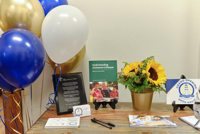 Balloons and pamphlets at El Faro Health and Therapeutics, an Alzheimer's research facility, during a ribbon-cutting ceremony in Rio Grande City on Nov. 13, 2021.
