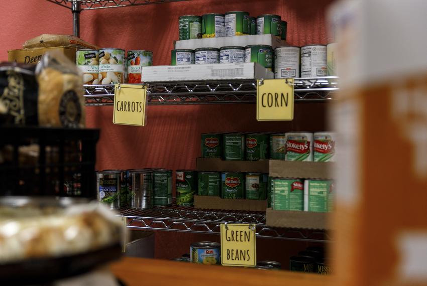Food and supplies are stored at Manos de Cristo food pantry in Austin, Texas on Nov. 13, 2023. Clients typically come to the food pantry once every two months.