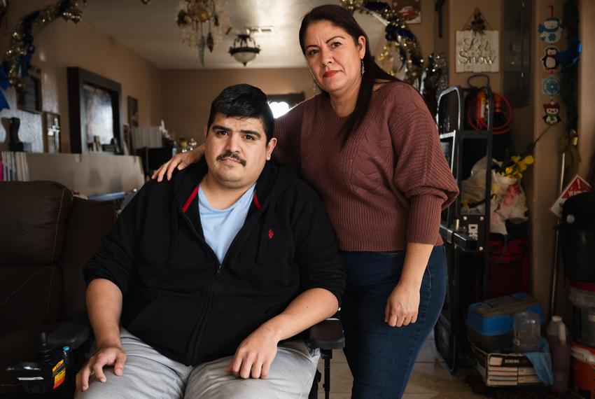 Tino Padilla (left) and his mother Juvencia (right) in their home. The Padilla family has to drive over an hour to El Paso from Fort Hancock for all their healthcare appointments. Fort Hancock, Texas on November 28, 2023.