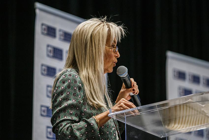 Miriam Adelson delivers a keynote speech at the Texas Association of Business Policy Conference on Dec. 7, 2023, in Austin.