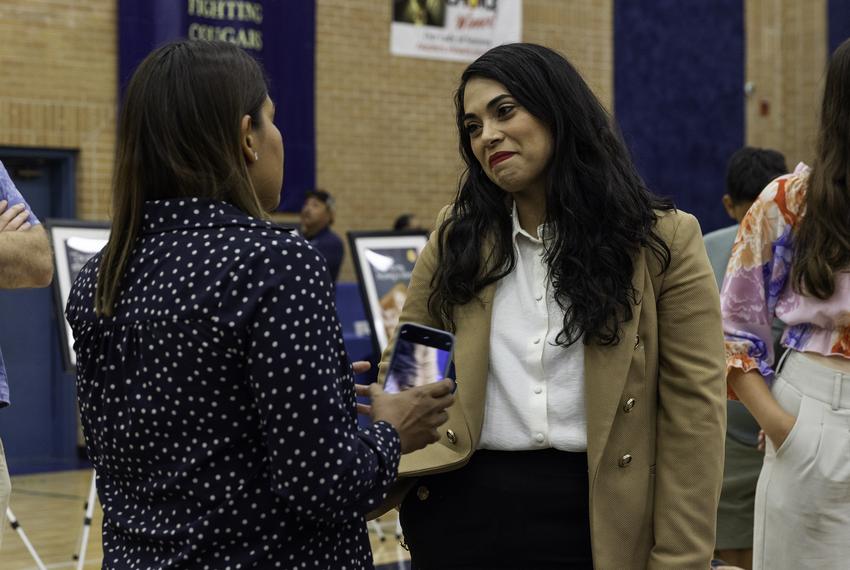 U.S. Rep. Mayra Flores, R-Los Indios, meets with a supporter after Pro-Life America's Hopeful Future conference in McAllen on July 9, 2022.