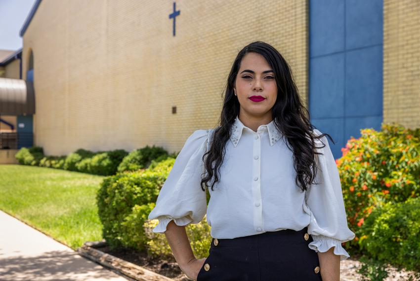 U.S. Rep. Mayra Flores, R-Los Indios,stands outside of Our Lady of Sorrows church after the Pro Life America's Hopeful Future conference in McAllen on July 9, 2022. Flores, recently sworn into office, faces an uphill battle in November as she competes against Vicente Gonzalez for the Texas CD-34 seat.