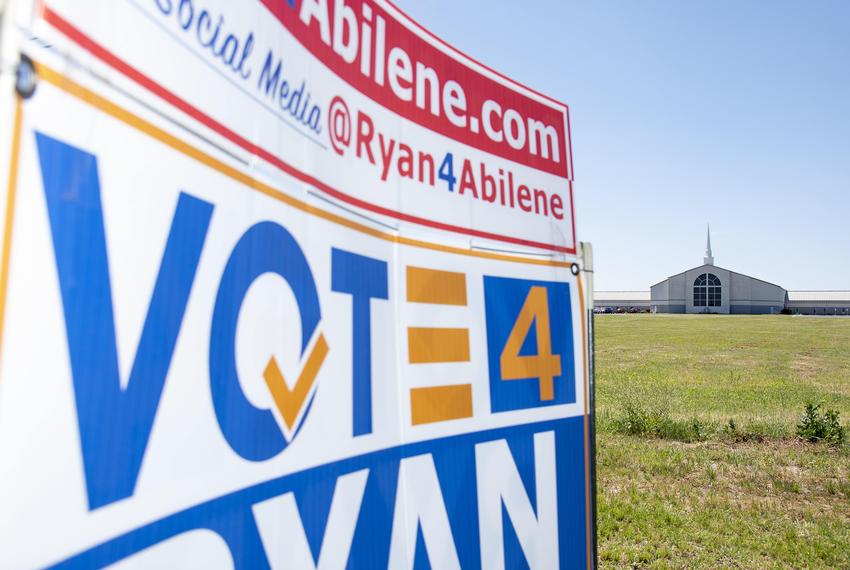 A campaign sign for Ryan Goodwin stands outside of First Church of the Nazarene in Abilene, Texas on Thursday, April 27, 2023. (Photo by Emil T. Lippe for Pro Publica)