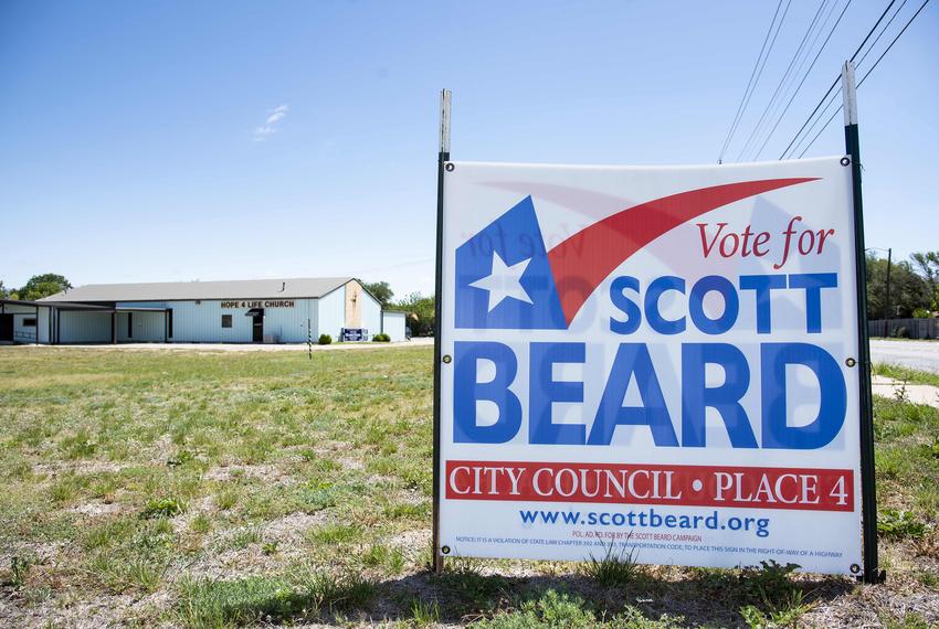 A campaign sign for Scott Beard stands outside of Hope 4 Life Church in Abilene, Texas on Thursday, April 27, 2023. (Photo by Emil T. Lippe for Pro Publica)