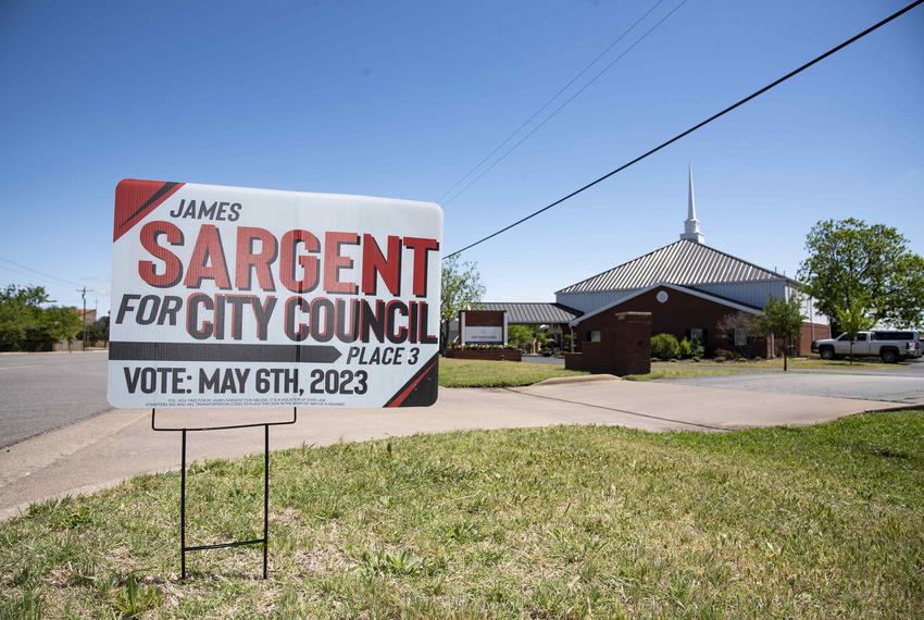 A campaign sign for James Sargent stands outside of New Beginnings Pentecostal Church in Abilene, Texas on Thursday, April 27, 2023. (Photo by Emil T. Lippe for Pro Publica)