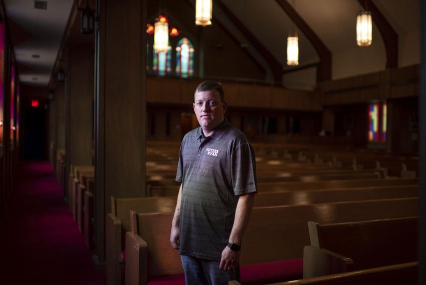 Ryan Goodwin stands in the sanctuary of First United Methodist Church in Abilene, Texas on Thursday, April 27, 2023. (Photo by Emil T. Lippe for Pro Publica)