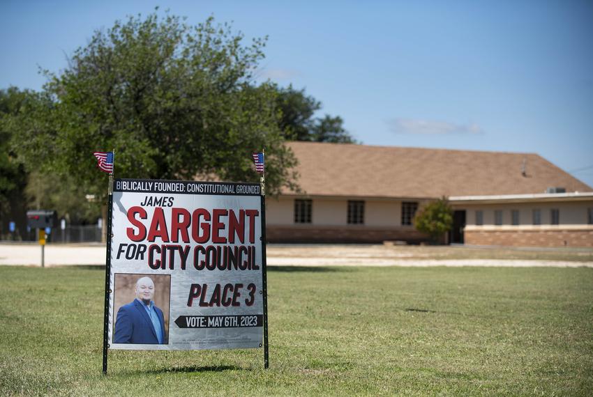 A campaign sign for James Sargent stands outside of Mosaic Church in Abilene, Texas on Thursday, April 27, 2023. Mr. Sargent attends Mosaic Church. (Photo by Emil T. Lippe for Pro Publica)