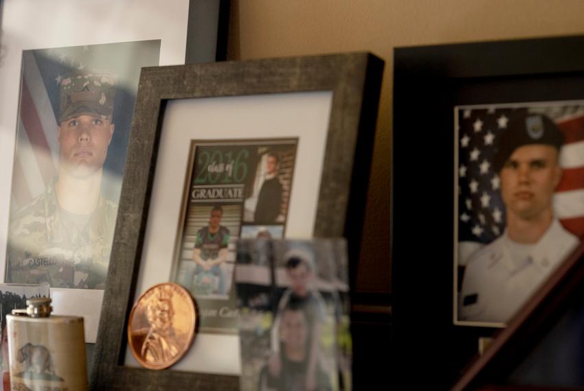 Photographs of Logan Castello are displayed on a mantle at Patty Troyan’s home, Thursday, May 4, 2023 in Saint Clairsville, Ohio.