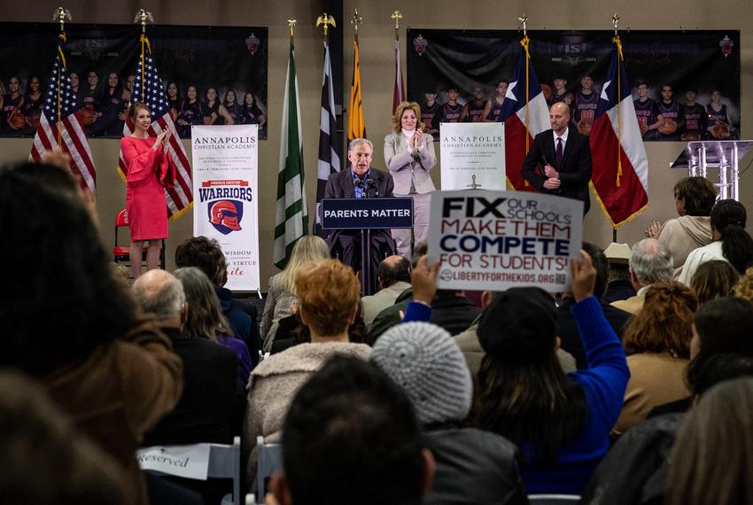Gov. Greg Abbott speaks during an event held by the Parent Empowerment Coalition at Annapolis Christian Academy on Jan. 31, 2023, in Corpus Christi.