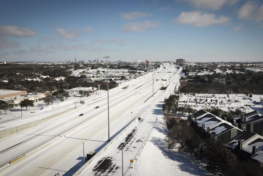 An aerial view of northbound Interstate 35 at Stassney Lane in South Austin after a severe snow storm. Feb. 15, 2021.
